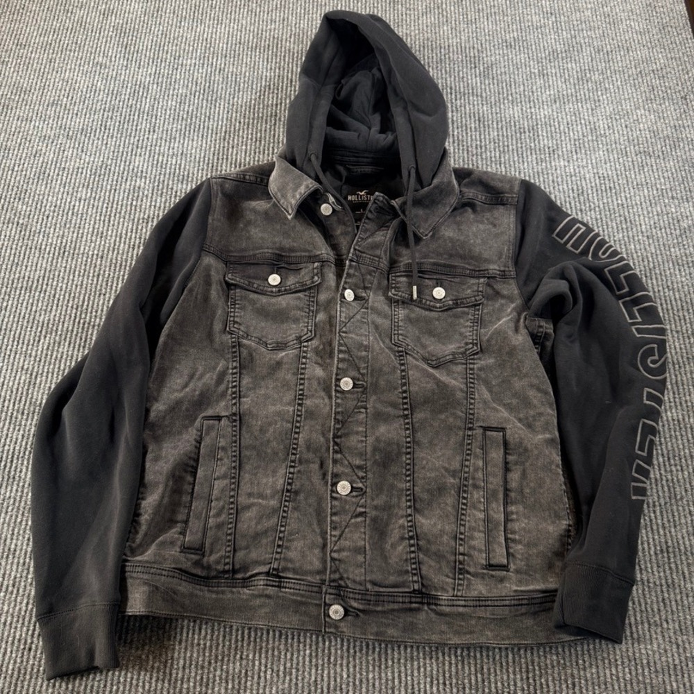 Hollister Advanced Stretch Denim Jacket Hooded Logo Sleeve Mens Large Black